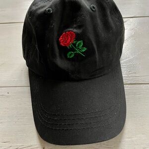Aung Crown Women’s Black Cap with Red Rose Embroidery, Adjustable Back Strap